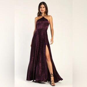 Lulus Elegant Sophistication Purple Satin Jacquard Halter Maxi Floral Dress